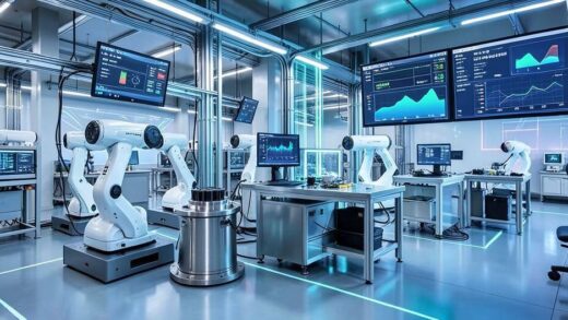 A modern battery factory with advanced manufacturing robots producing lithium-ion battery cells, showing Korean technology leadership in clean energy industry, futuristic setting with digital displays showing production data.