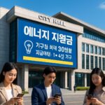 A modern city hall building with digital announcement board showing energy support fund information, citizens checking their phones for news, vibrant daytime scene with clear blue sky, detailed Korean architecture, news headline in Korean about energy support funds.