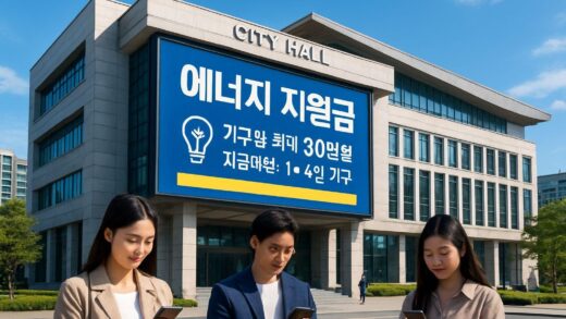 A modern city hall building with digital announcement board showing energy support fund information, citizens checking their phones for news, vibrant daytime scene with clear blue sky, detailed Korean architecture, news headline in Korean about energy support funds.