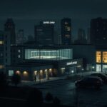 A modern cityscape at night showing various potential infidelity locations: office buildings with lit windows, a sports center, parked cars in dark areas, and a school parking lot, with a mysterious atmosphere and silhouettes.