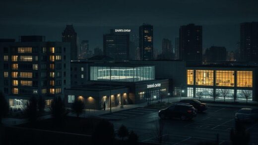A modern cityscape at night showing various potential infidelity locations: office buildings with lit windows, a sports center, parked cars in dark areas, and a school parking lot, with a mysterious atmosphere and silhouettes.