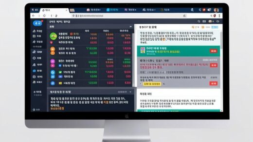 A modern digital dashboard showing real-time financial data and stock market alerts on a computer screen, with Korean text highlighting DART system notifications and news feeds comparison.