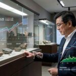 A modern economic analyst examining historical artifacts under glass displays in a museum, with digital charts and graphs overlay showing cultural asset valuation metrics, blending traditional Korean heritage with contemporary financial analysis in a sophisticated office setting.