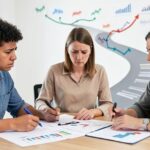 A modern family looking at financial charts and documents on a table, showing expressions of concern but also determination, with a path diverging in the background symbolizing different financial choices