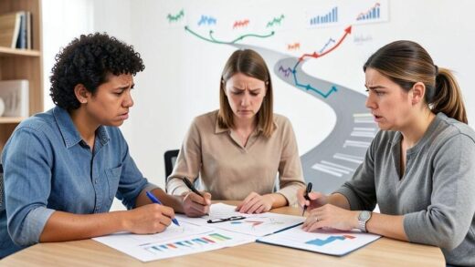 A modern family looking at financial charts and documents on a table, showing expressions of concern but also determination, with a path diverging in the background symbolizing different financial choices