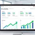 A modern financial dashboard showing ISA tax benefits comparison with percentages and numbers highlighted, featuring charts and graphs with upward arrows indicating growth, in a clean professional office setting.