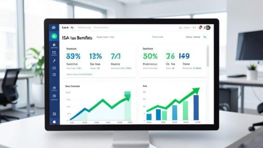 A modern financial dashboard showing ISA tax benefits comparison with percentages and numbers highlighted, featuring charts and graphs with upward arrows indicating growth, in a clean professional office setting.