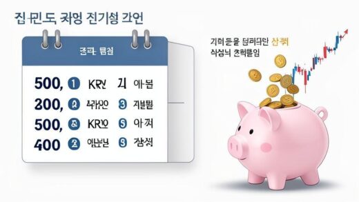 A modern financial infographic showing a calendar with monthly 500,000 KRW dividend deposits into a bank account, with coins flowing from stock charts into a piggy bank, clean professional design with Korean text elements.