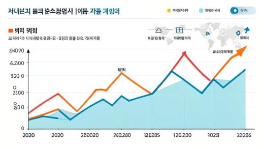 A modern infographic showing long-term investment growth chart from 2020 to 2026, with arrows pointing to market peaks and valleys, Korean and global economic indicators in the background, clean professional design