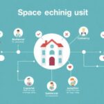 A modern infographic showing the concept of space sharing business, with different types of properties (residential, commercial, hospitality) connected to multiple users through digital platforms, illustrating the sharing economy model in real estate.