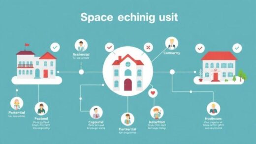 A modern infographic showing the concept of space sharing business, with different types of properties (residential, commercial, hospitality) connected to multiple users through digital platforms, illustrating the sharing economy model in real estate.