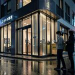 A modern Japanese urban night scene with discreet delivery service concept, showing a woman with smartphone waiting outside a luxury apartment building, neon lights reflecting on wet streets, cinematic atmosphere