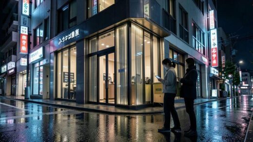 A modern Japanese urban night scene with discreet delivery service concept, showing a woman with smartphone waiting outside a luxury apartment building, neon lights reflecting on wet streets, cinematic atmosphere