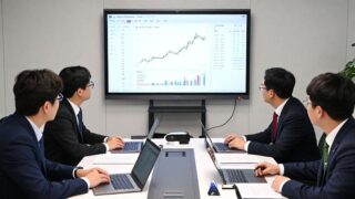 A modern Korean government office with policy documents showing stock market growth charts and KOSDAQ logos, officials discussing economic strategies around a table with laptops and financial reports.