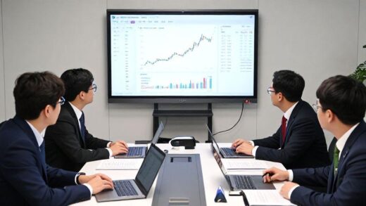 A modern Korean government office with policy documents showing stock market growth charts and KOSDAQ logos, officials discussing economic strategies around a table with laptops and financial reports.