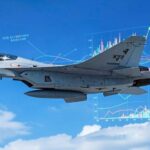 A modern Korean KF-21 fighter jet soaring through blue skies with digital data streams and economic growth charts visible in the background, symbolizing technological advancement and economic impact.