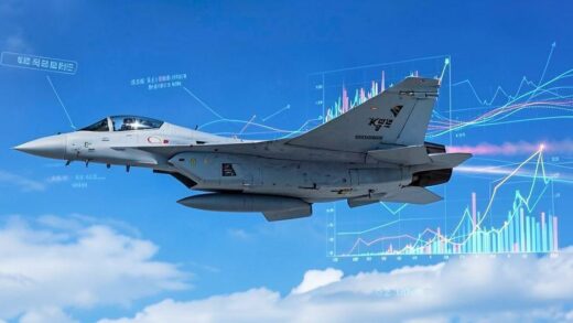 A modern Korean KF-21 fighter jet soaring through blue skies with digital data streams and economic growth charts visible in the background, symbolizing technological advancement and economic impact.