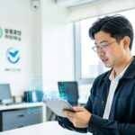 A modern Korean small business owner looking at a holographic AI interface on a tablet, with government support symbols in the background, bright and professional office setting