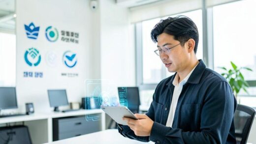 A modern Korean small business owner looking at a holographic AI interface on a tablet, with government support symbols in the background, bright and professional office setting