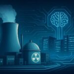 A modern nuclear power plant with digital AI data centers in the background, showing energy connections and futuristic technology, highlighting the synergy between nuclear energy and artificial intelligence demand in 2026