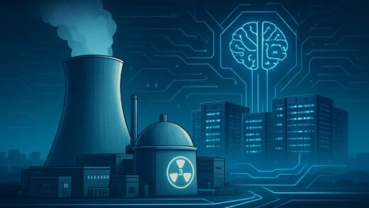 A modern nuclear power plant with digital AI data centers in the background, showing energy connections and futuristic technology, highlighting the synergy between nuclear energy and artificial intelligence demand in 2026