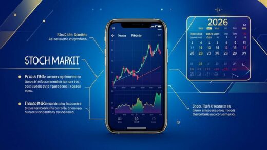 A modern, professional infographic showing key stock market terminology floating around a smartphone displaying financial charts, with a futuristic 2026 calendar in the background, vibrant blue and gold color scheme, clean and educational design.