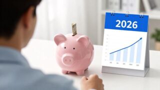 A modern savings account concept with a young person depositing money while receiving government support, digital interface showing growth charts, bright and hopeful atmosphere, 2026 calendar highlight