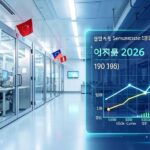 A modern semiconductor fabrication plant with clean room environment, Korean and global flags displayed, data visualization showing Korea's semiconductor market share growth from 1980 to 2026, with bright futuristic lighting and technological elements