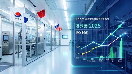 A modern semiconductor fabrication plant with clean room environment, Korean and global flags displayed, data visualization showing Korea's semiconductor market share growth from 1980 to 2026, with bright futuristic lighting and technological elements