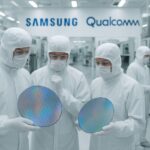 A modern semiconductor foundry with clean room environment, engineers in protective suits examining wafers, with Samsung and Qualcomm logos visible in the background, showing collaboration between big tech companies and semiconductor manufacturers.
