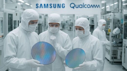 A modern semiconductor foundry with clean room environment, engineers in protective suits examining wafers, with Samsung and Qualcomm logos visible in the background, showing collaboration between big tech companies and semiconductor manufacturers.