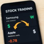 A modern smartphone showing a stock trading app with both Korean and American stock symbols, with arrows moving from dollar symbols to won symbols, representing fund repatriation.