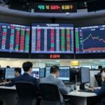 A modern stock market trading floor with digital screens showing pre-market and after-hours trading activity, traders monitoring multiple displays with Korean stock symbols and time zone clocks showing 8:00 AM to 6:00 PM