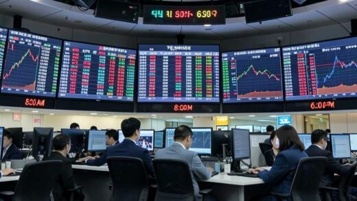 A modern stock market trading floor with digital screens showing pre-market and after-hours trading activity, traders monitoring multiple displays with Korean stock symbols and time zone clocks showing 8:00 AM to 6:00 PM
