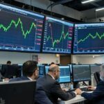 A modern stock market trading floor with large digital screens showing rising green graphs and oil prices falling, traders watching monitors intently, with Middle Eastern flags in the background, professional financial atmosphere.