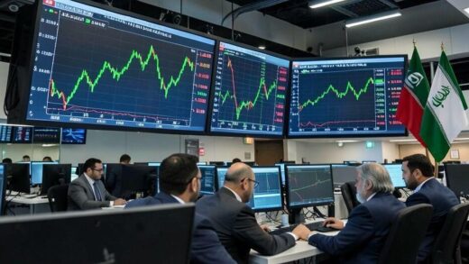 A modern stock market trading floor with large digital screens showing rising green graphs and oil prices falling, traders watching monitors intently, with Middle Eastern flags in the background, professional financial atmosphere.