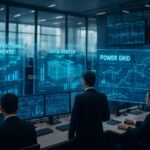 A modern Wall Street trading floor with holographic displays showing AI infrastructure investment flows, data centers, and power grids, with traders analyzing real-time data on large screens