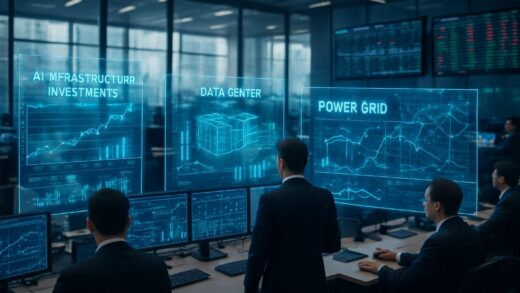 A modern Wall Street trading floor with holographic displays showing AI infrastructure investment flows, data centers, and power grids, with traders analyzing real-time data on large screens