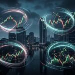 A mystical, slightly ominous financial scene with four distinct, swirling financial charts or symbols representing derivatives, set against a backdrop of a modern city skyline. Emphasize market volatility.