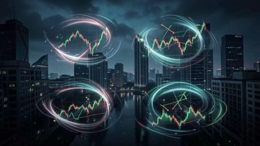 A mystical, slightly ominous financial scene with four distinct, swirling financial charts or symbols representing derivatives, set against a backdrop of a modern city skyline. Emphasize market volatility.