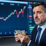 A perplexed investor looking at a stock chart showing a declining line, while holding a small stack of money. The background shows a digital screen with financial data.
