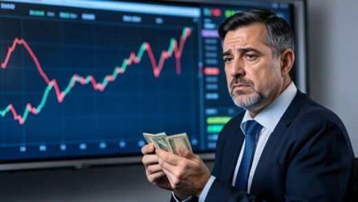 A perplexed investor looking at a stock chart showing a declining line, while holding a small stack of money. The background shows a digital screen with financial data.