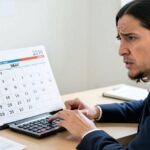 A person looking at a calendar for May 2026, with tax forms and a calculator on a desk, a worried expression. Professional, clear, financial theme.