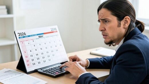 A person looking at a calendar for May 2026, with tax forms and a calculator on a desk, a worried expression. Professional, clear, financial theme.