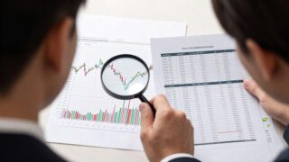 A person looking at a complex stock chart with a magnifying glass, while another person is confidently looking at a detailed financial report, showing the difference between price and value.