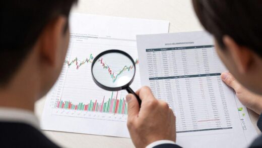 A person looking at a complex stock chart with a magnifying glass, while another person is confidently looking at a detailed financial report, showing the difference between price and value.