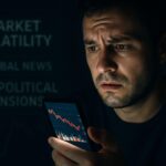 A person looking at a smartphone screen with financial charts at night, a worried expression. Global news headlines about market volatility and geopolitical tensions are subtly visible in the background.
