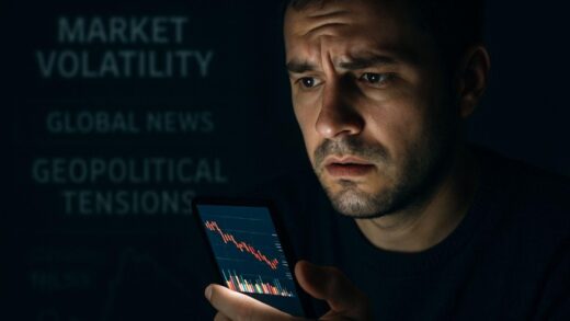 A person looking at a smartphone screen with financial charts at night, a worried expression. Global news headlines about market volatility and geopolitical tensions are subtly visible in the background.