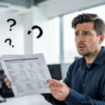 A person looking confused while staring at a complex financial statement, with question marks floating around, modern office setting.