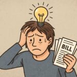 A person looking stressed while holding many bills, with a lightbulb appearing above their head, symbolizing cognitive load and reduced mental capacity.